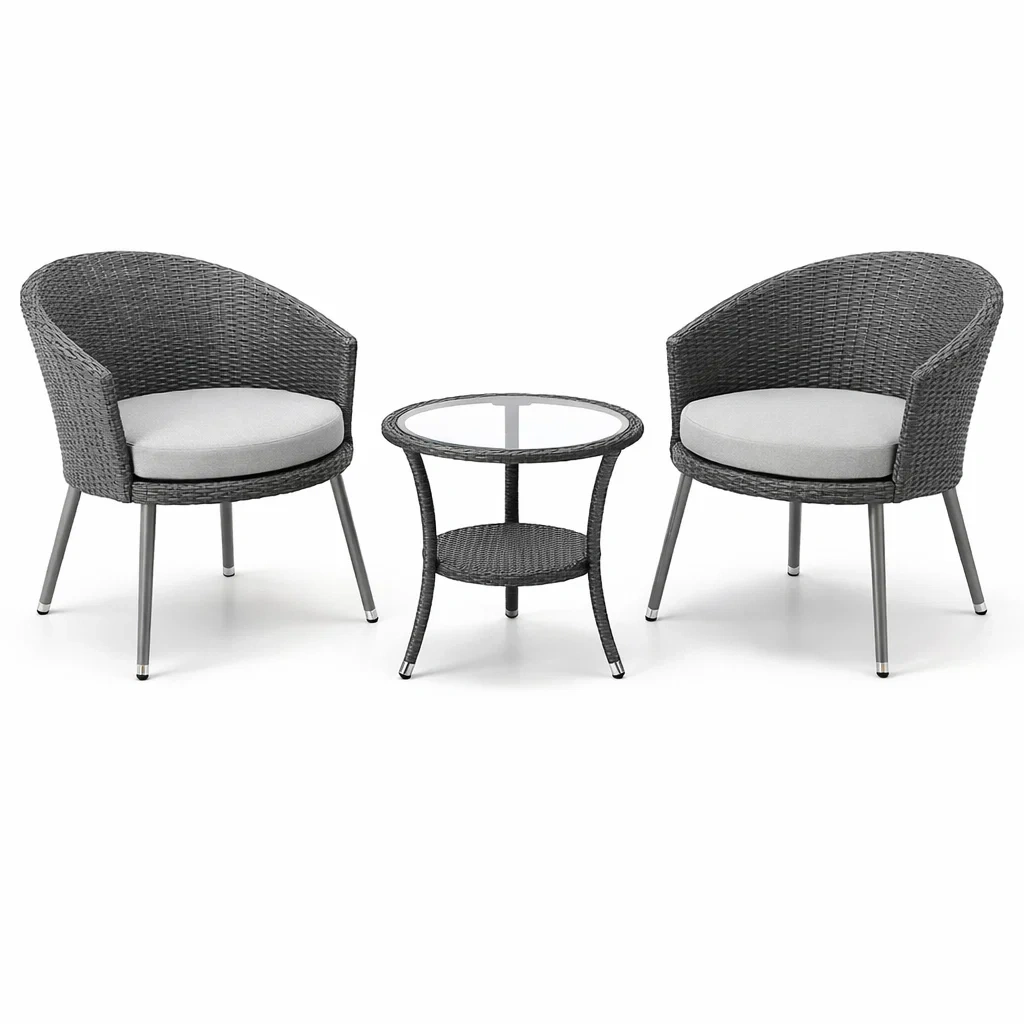 Balkonset Polyrattan mit Glastisch Grau