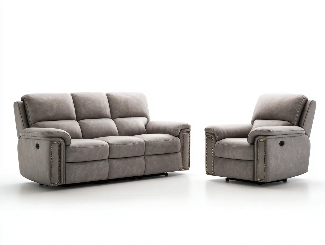 Relaxsofa Sets-Leder-Holz-Metall-214 x 99 x 105 cm-Taupe-Klassische Wohnzimmereinrichtung-Nookgoly