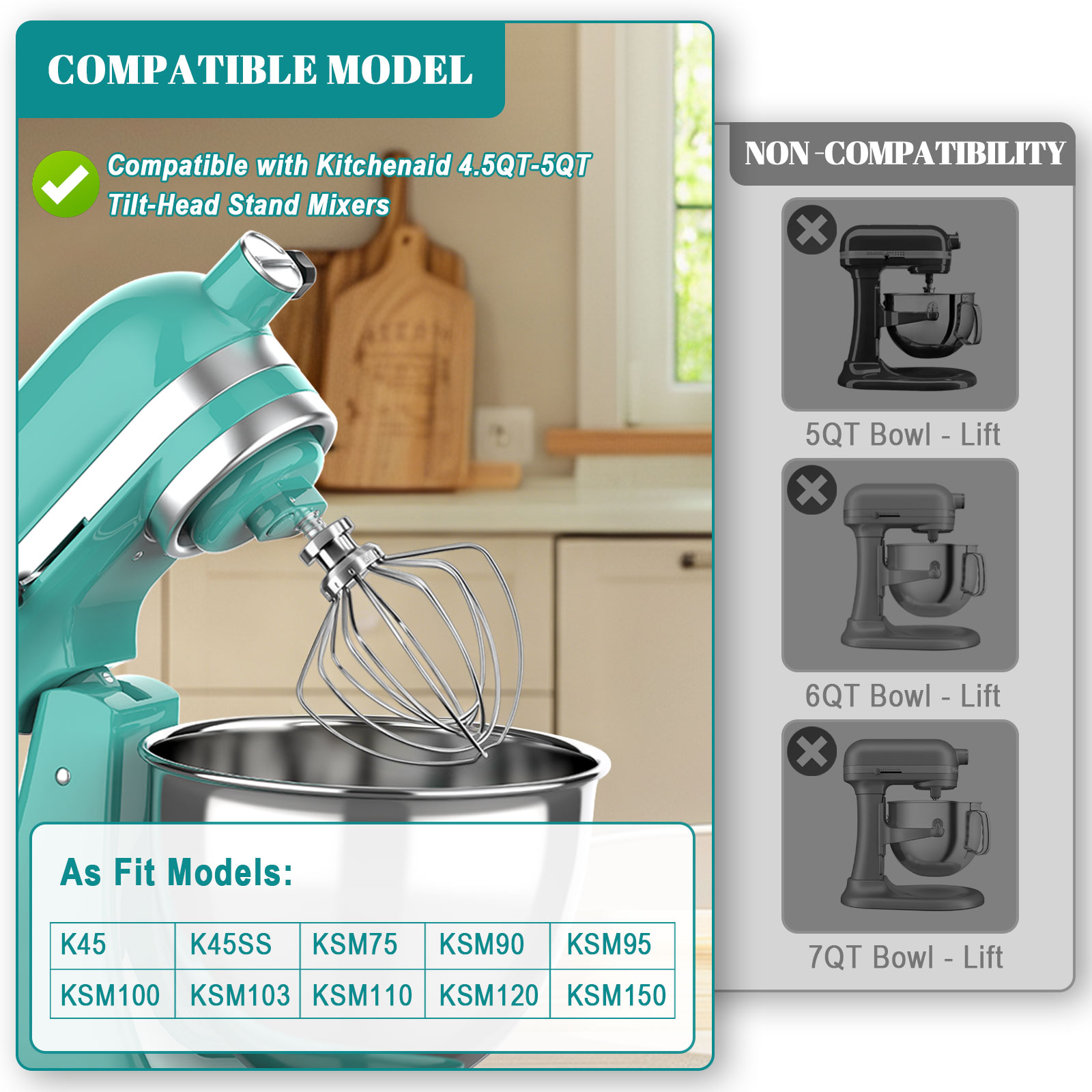 Dishwasher Safe 6 Wire Whisk for Kitchenaid Attachments,Upgrade Real Stainless Steel 6 Wire Whip Attachment for Kitchenaid 4.5-5 Quart Tilt-Head Stand Mixer,Replace K45WW Kitchen Aid Attachments