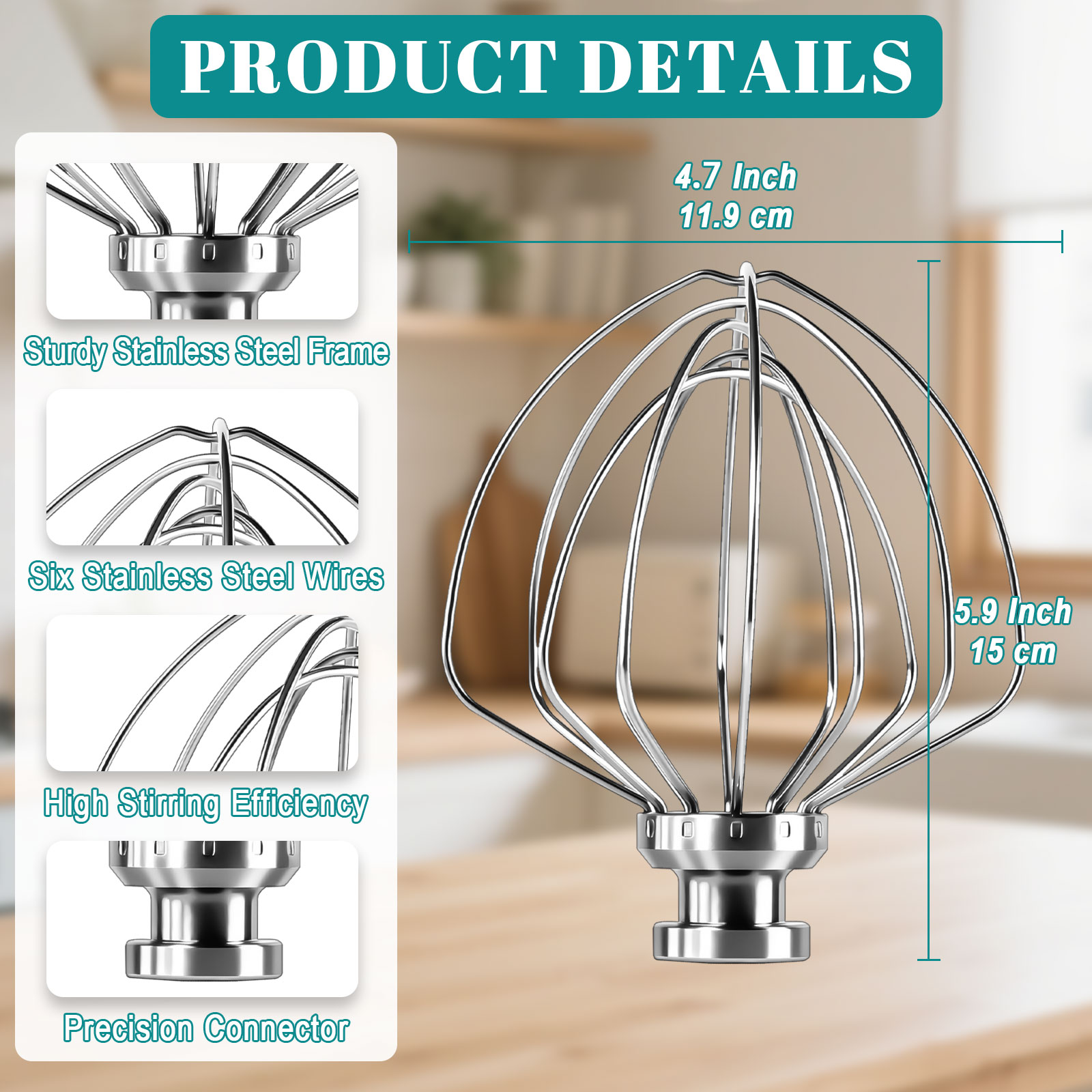 Dishwasher Safe 6 Wire Whisk for Kitchenaid Attachments,Upgrade Real Stainless Steel 6 Wire Whip Attachment for Kitchenaid 4.5-5 Quart Tilt-Head Stand Mixer,Replace K45WW Kitchen Aid Attachments