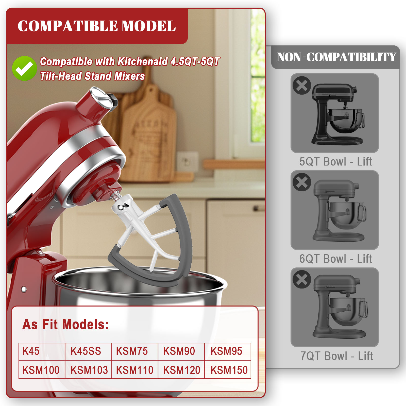 Flex Edge Beater for Kitchenaid Attachments,Flat Beater with Both-Sides Flexible Silicone Edges Bowl Scraper for Kitchenaid 4.5-5 Quart Tilt-Head Stand Mixer,Replace K45B KFE5T Kitchen Aid Attachments