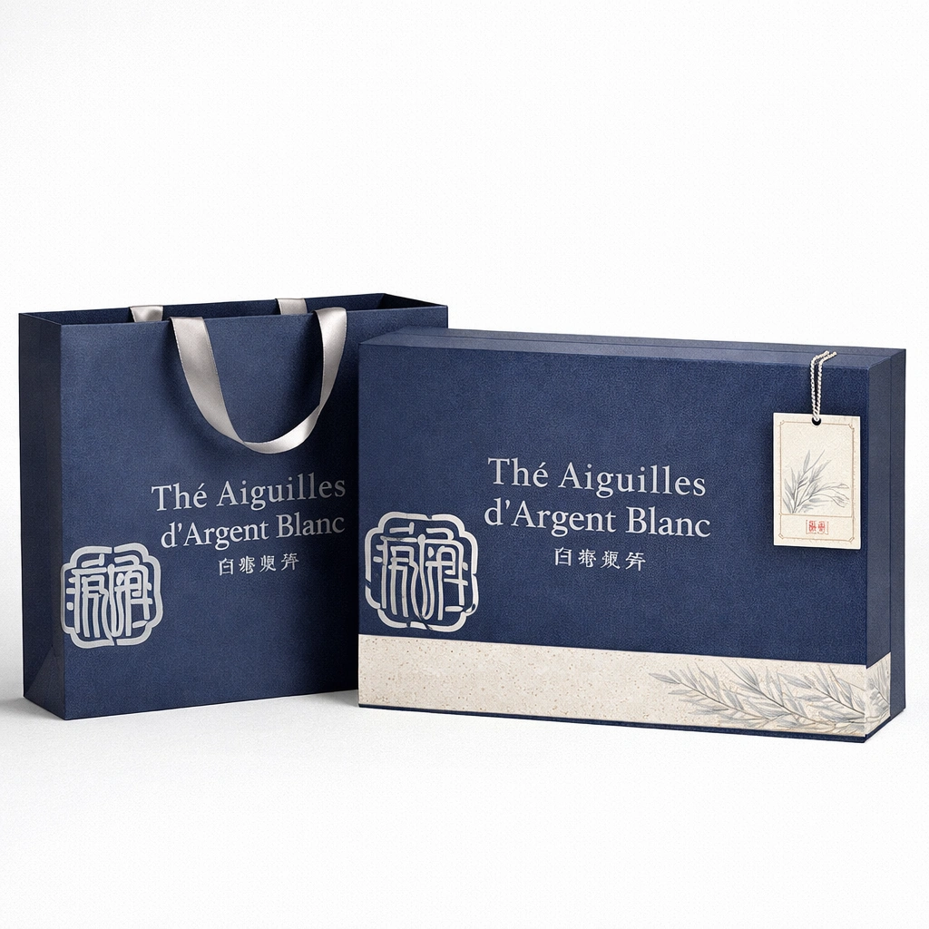 Th Blanc Bai Hao Yin Zhen Aiguilles dArgent ?C Coffret Cadeau avec Sac (Bleu Fonc)-cozexa