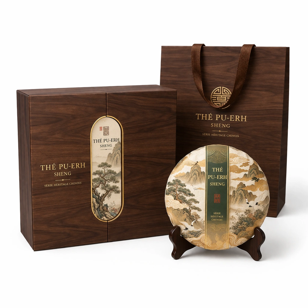 Coffret en bois avec th Pu-erh Sheng Cha 357 g en galette avec support-cozexa