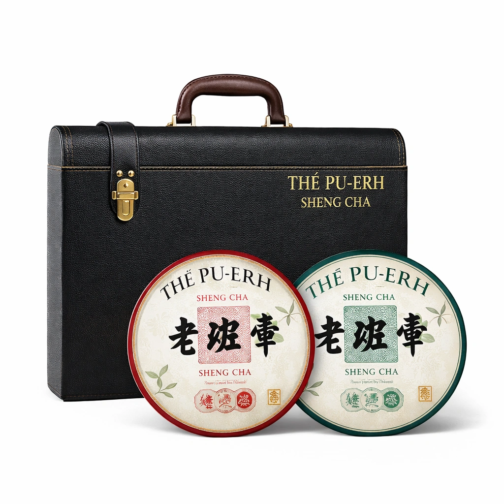 Coffret avec 2 galettes de th Pu-erh Sheng Cha 714 g en valise rigide-cozexa