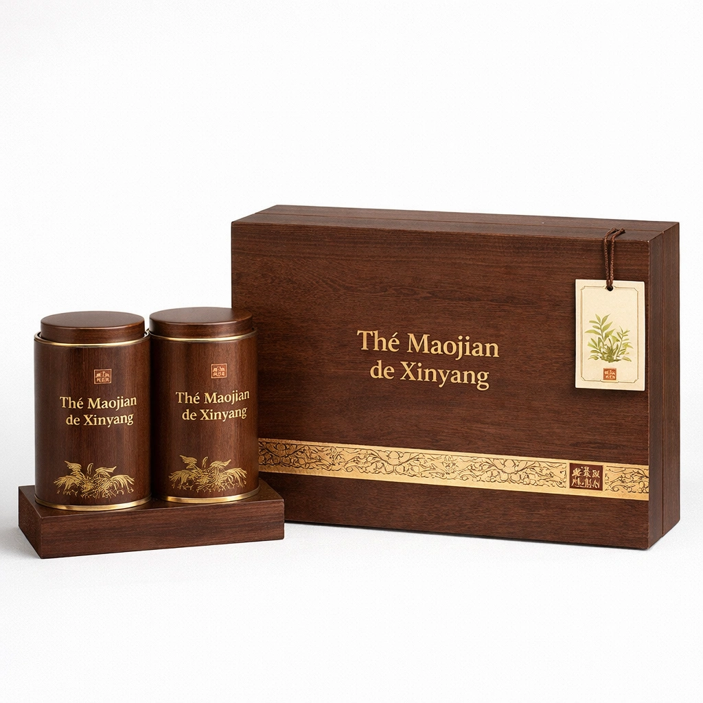 Coffret en bois avec th vert Xinyang Maojian 250 g et 2 bo?tes mtalliques-cozexa