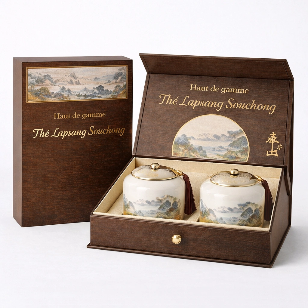 Coffret de th noir Lapsang Souchong 200 g avec 2 pots en cramique-cozexa