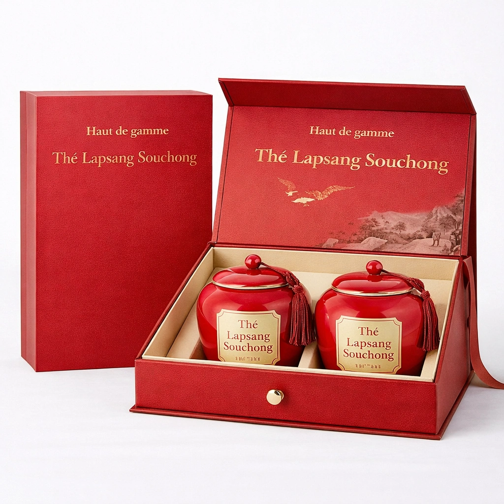 Coffret de th noir Lapsang Souchong 200 g avec 2 pots en cramique-cozexa
