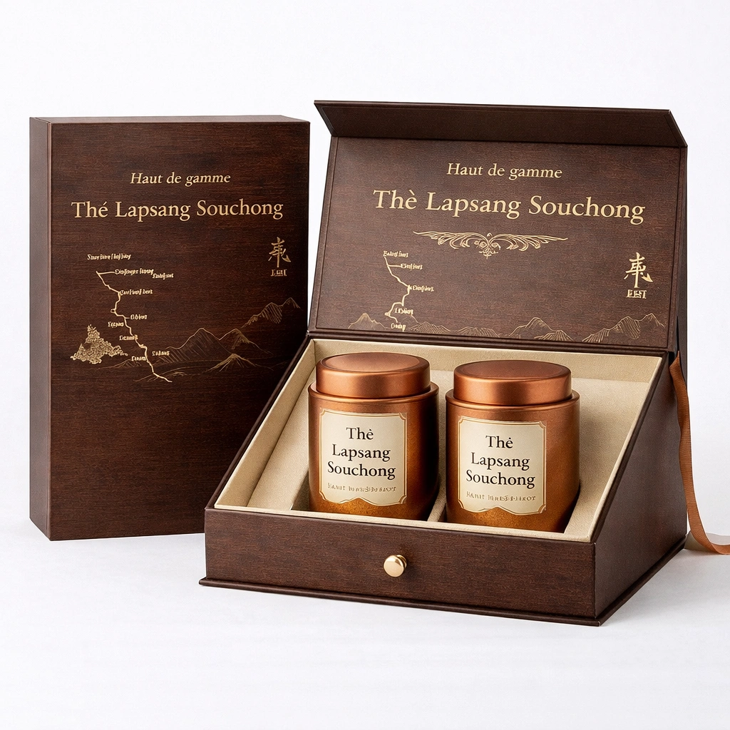 Coffret en bois de th noir Lapsang Souchong 250 g avec 2 bo?tes mtalliques-cozexa