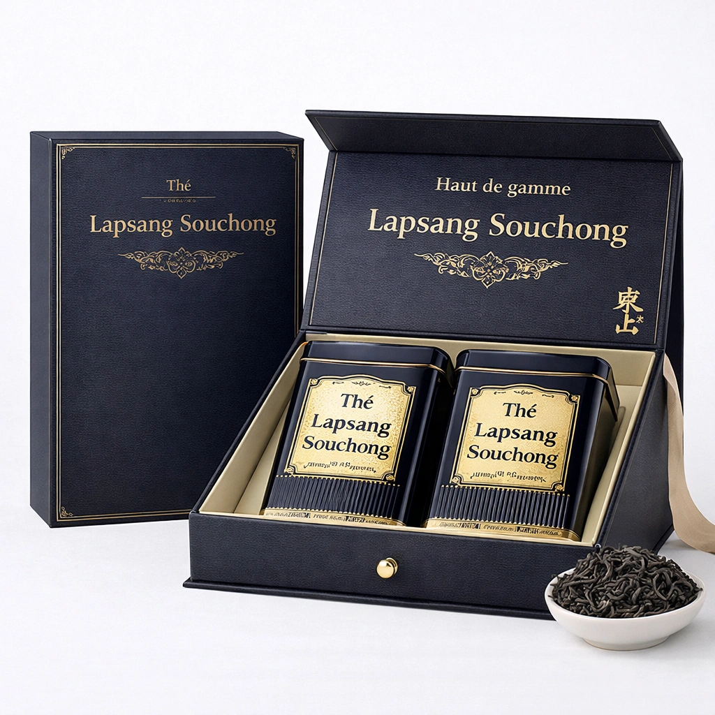Coffret de th noir Lapsang Souchong 200 g avec 2 bo?tes mtalliques-cozexa