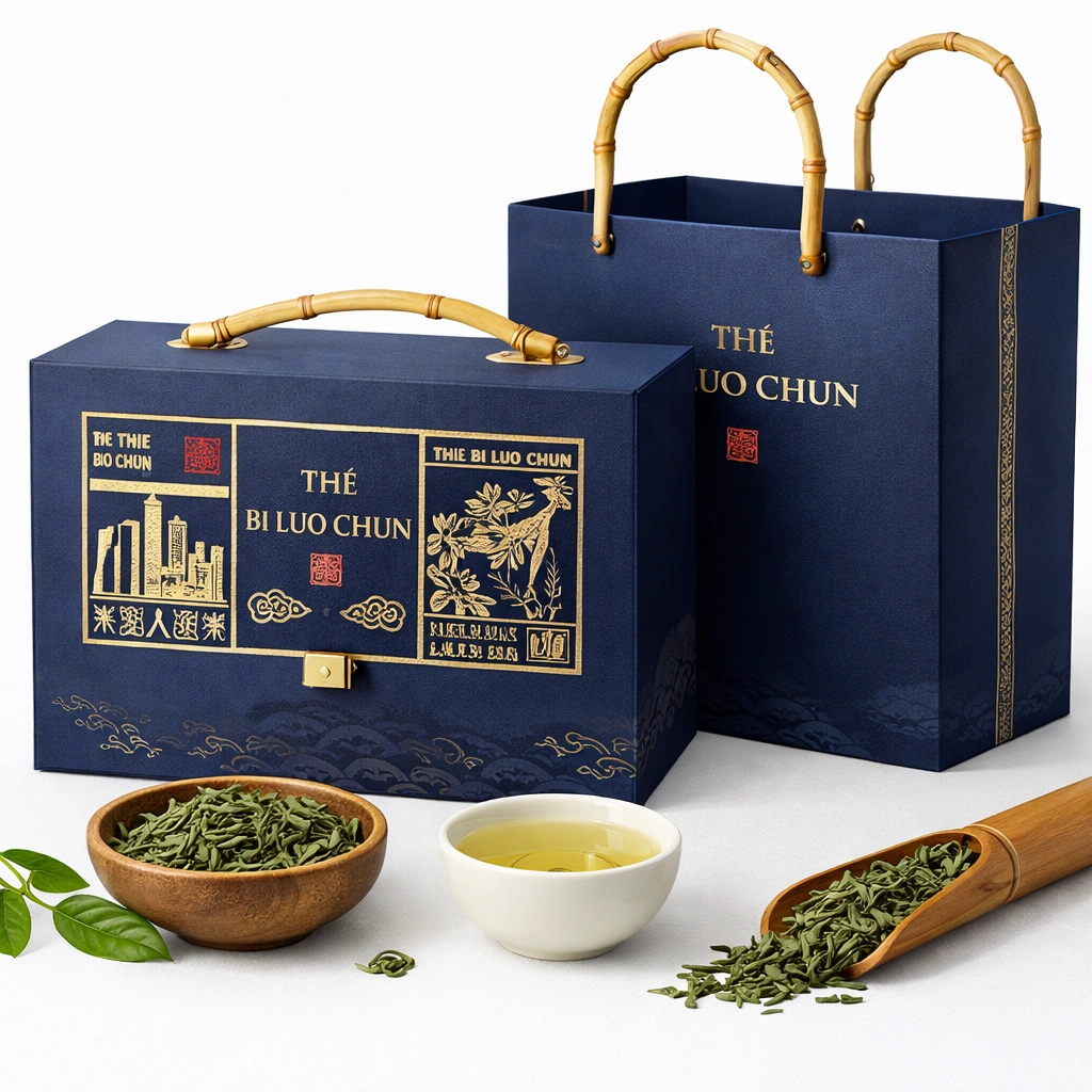 Coffret de th vert Bi Luo Chun 80 g avec sac cadeau bleu fonc-cozexa