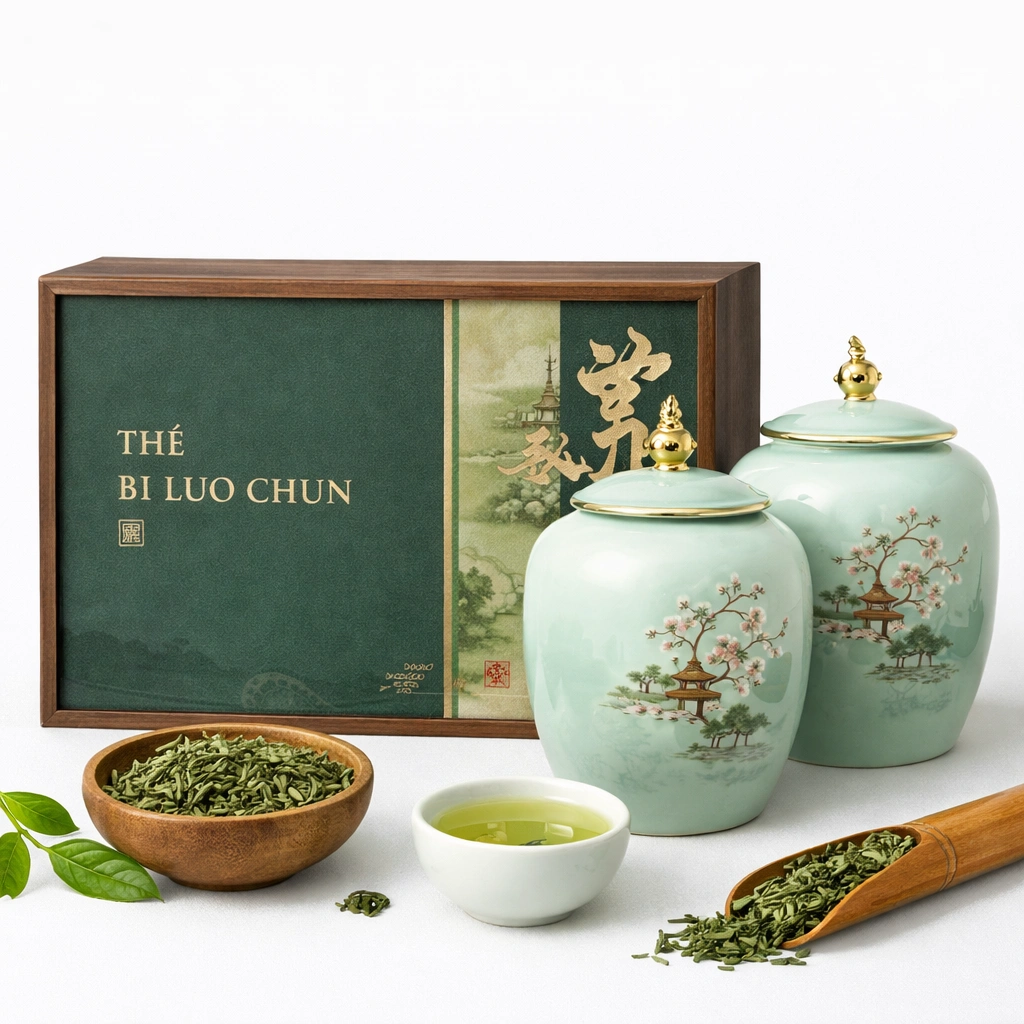 Coffret de th vert Bi Luo Chun 2  60 g avec pots en cramique et coffret en bois-cozexa