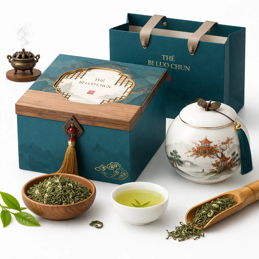 Coffret de th vert Bi Luo Chun 100 g avec pot en cramique et coffret rigide-cozexa