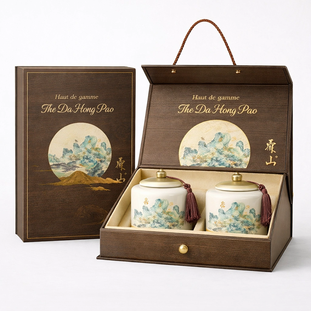 Coffret de th oolong Da Hong Pao 2  80 g avec pots en cramique et coffret en bois-cozexa