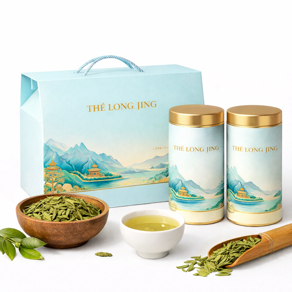 Coffret de th vert Long Jing 250 g avec 2 bo?tes mtalliques et sac-cozexa
