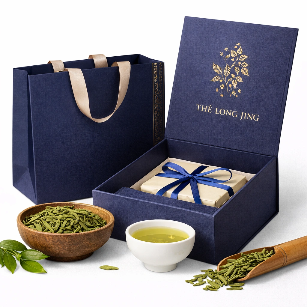 Coffret de th vert Long Jing 200 g avec 2 paquets scells et sac-cozexa