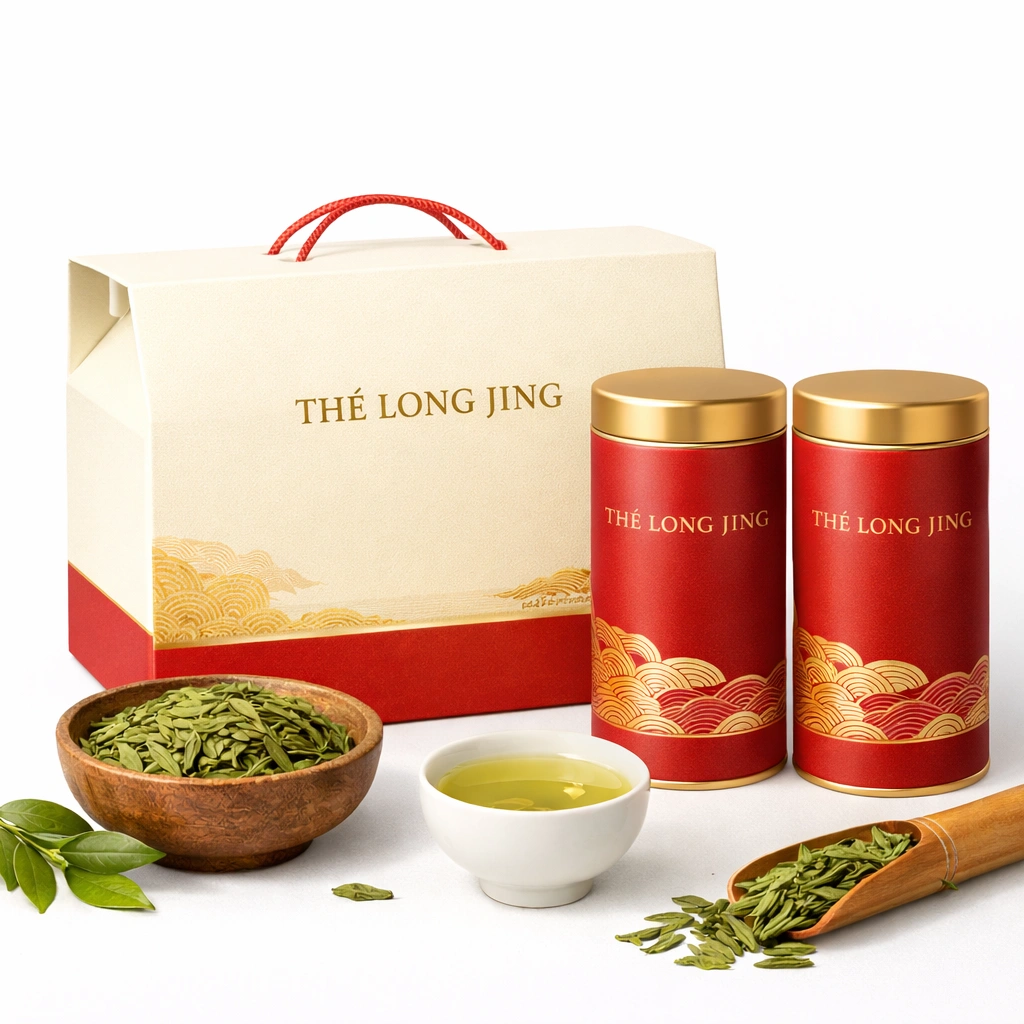Coffret de th vert Long Jing 250 g avec 2 bo?tes mtalliques et sac-cozexa