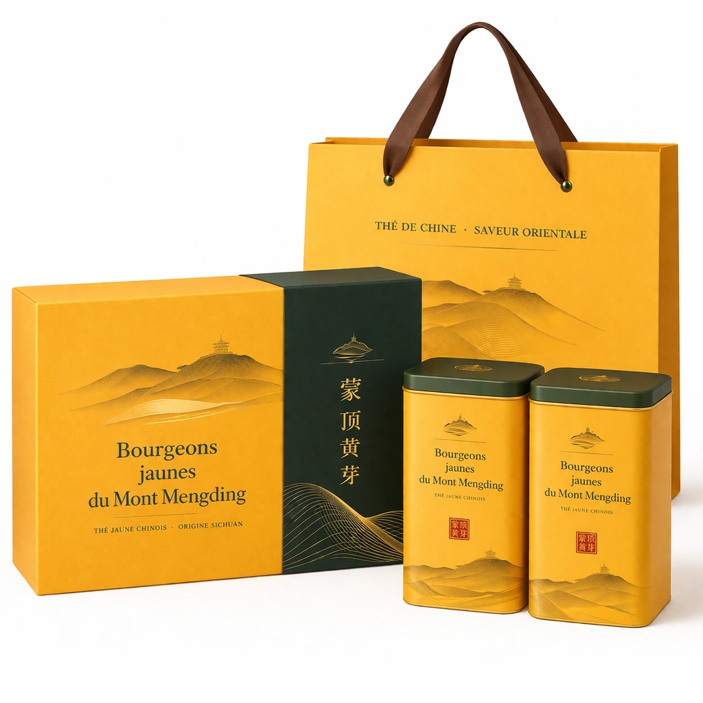 Coffret de th jaune Mengding Huangya 250 g avec 2 bo?tes mtalliques et sac-cozexa