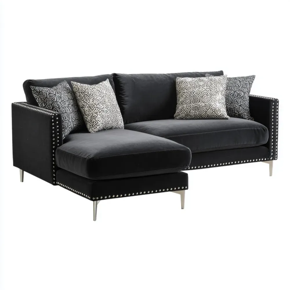 Sofá seccional tapizado terciopelo Negro 200x150x90 cm – Diseño moderno