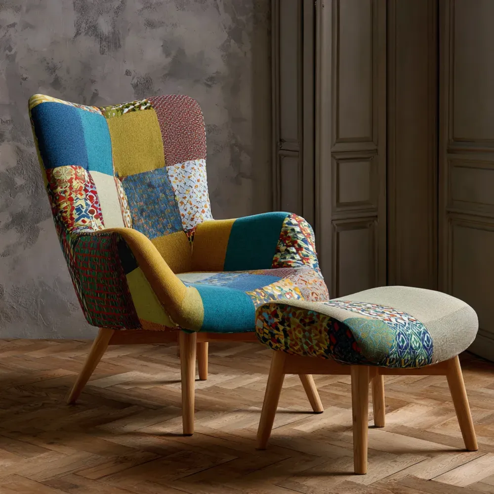 Sillón con Reposapiés Tapizado en Patchwork 80x75x90 cm – Multicolor – Estilo Vintage