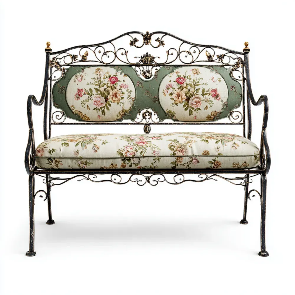 Banco de jardín de metal con cojín floral 120x50x90 cm - Diseño clásico