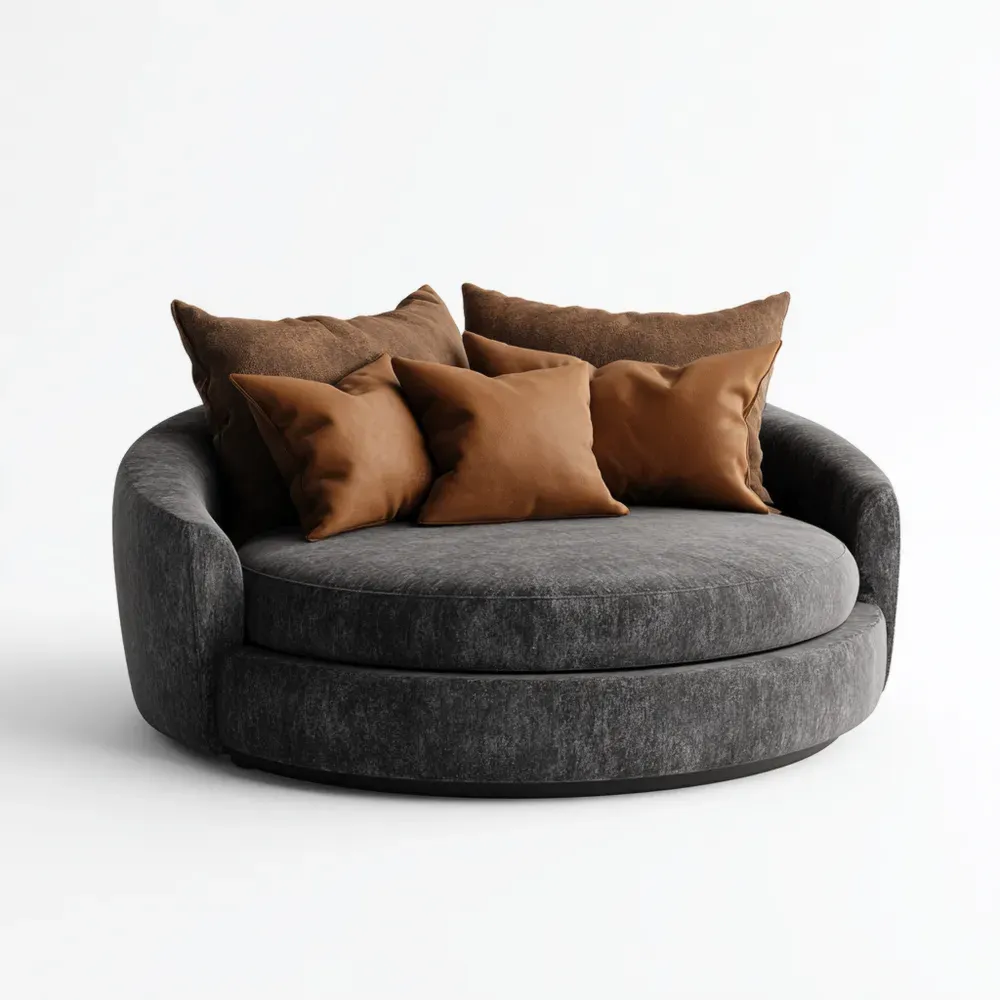 Sillón Circular Tapizado Tela 120x120x80 cm - Gris Oscuro/Marrón - Diseño Contemporáneo