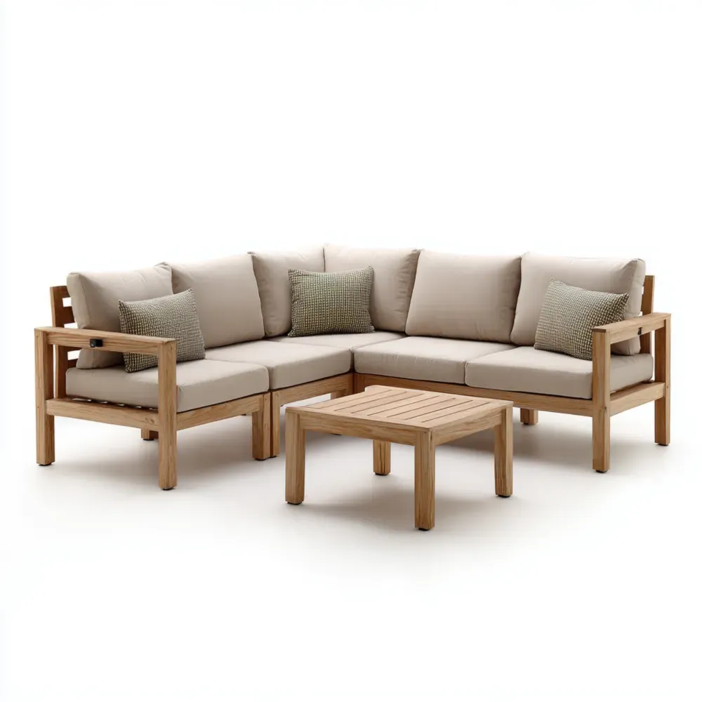 Conjunto de Sofá de Jardín 220x220x75 cm Madera de Teca Cojines Beige - Diseño Modular