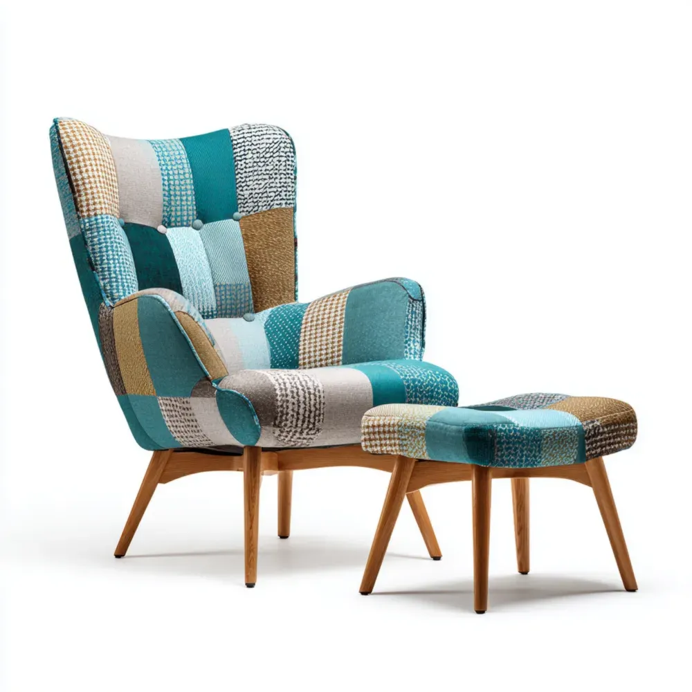 Sillón Reposapiés Patchwork Madera Tela Colores Vivos 85x90x100 cm