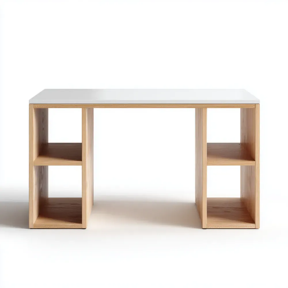 Escritorio de madera 120x60x75 cm con estantes integrados - Blanco/Natural - Diseño funcional
