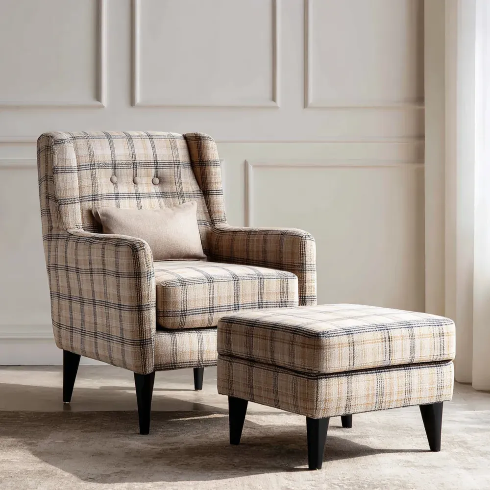 Sillón con reposapiés Tapizado Tela a Cuadros 75x80x85 cm – Beige