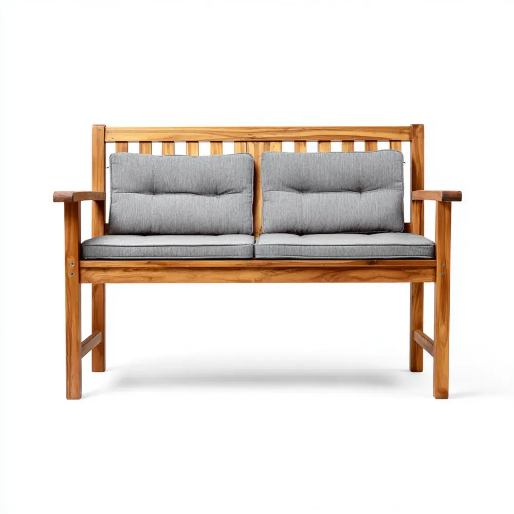 Banco de Jardín de Madera de Teca 120x62x90 cm con Cojines Grises – Estilo Clásico