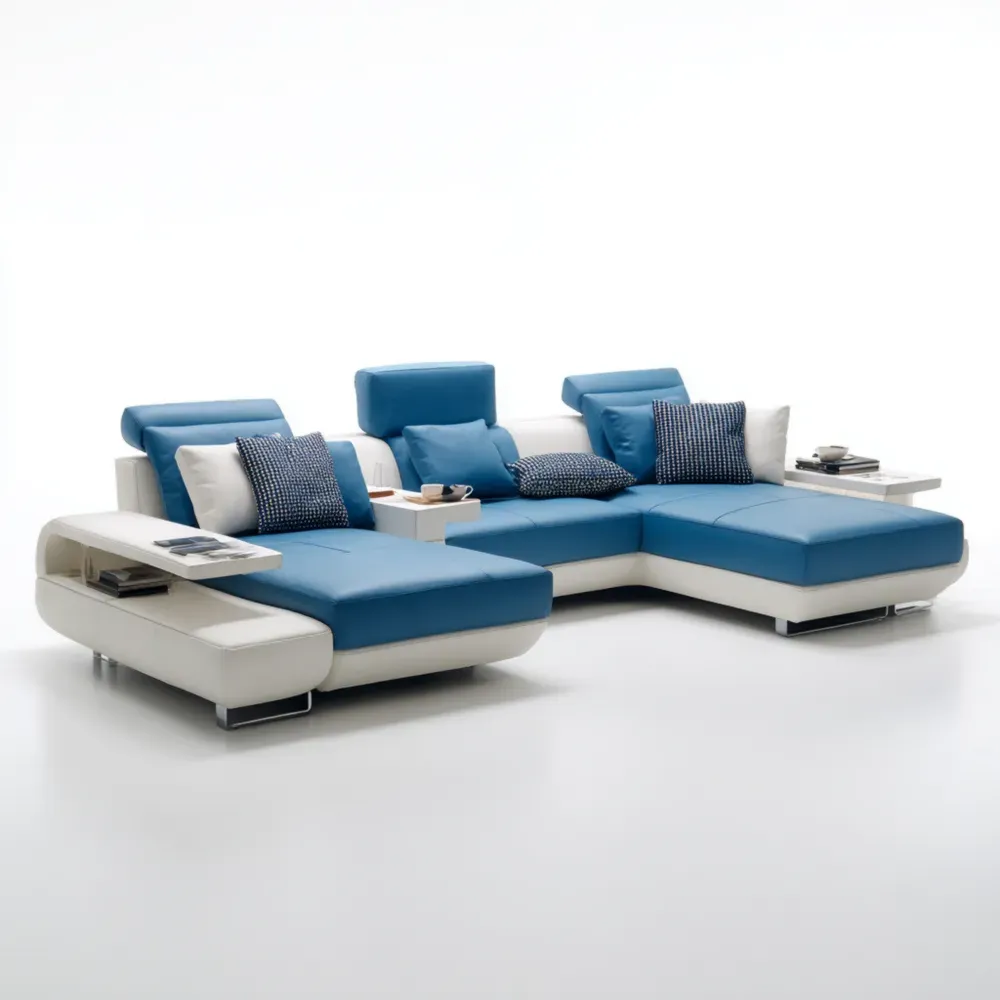 Sofá seccional de cuero sintético 300x180x90 cm – Azul/Blanco – Diseño moderno