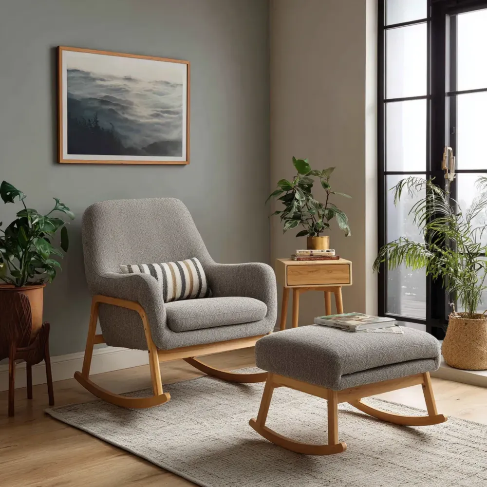 Mecedora tapizada 80x75x90 cm Gris Claro con reposapiés 60x40x40 cm – Madera – Diseño moderno