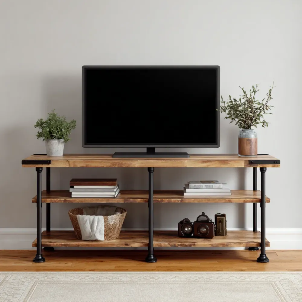 Mueble de TV de Madera Maciza 150x40x50 cm – Marrón Natural – Estilo Industrial