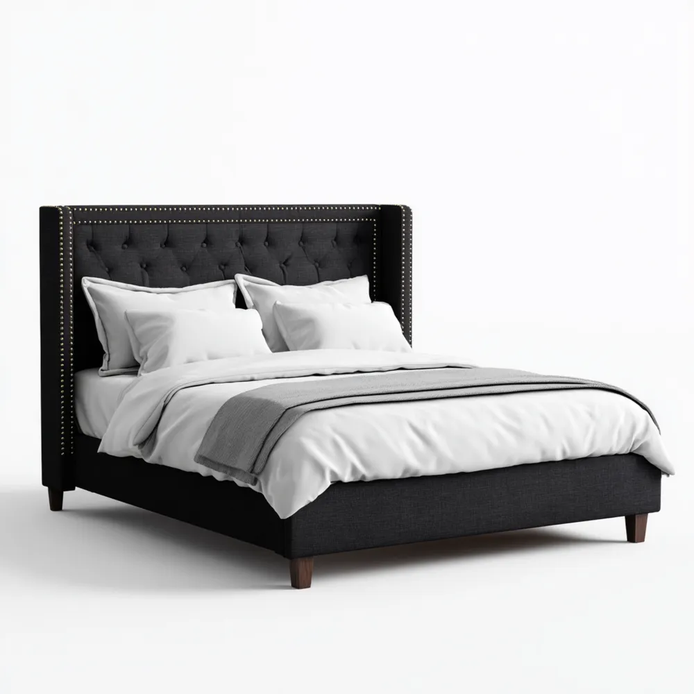 Cama Doble Tapizada 200x160x120 cm - Negro - Diseño Clásico