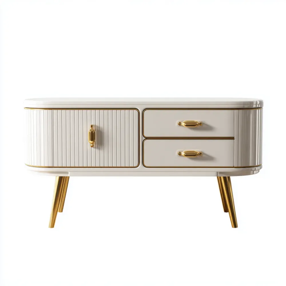 Mesa de TV de Madera 120x40x50 cm - Blanca/Dorada - Estilo Moderno