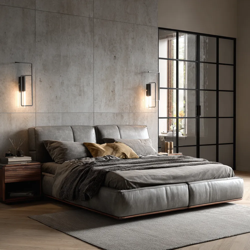 Cama Doble Tapizada en Cuero Sintético Gris Oscuro - 210x160x95 cm - Diseño Moderno