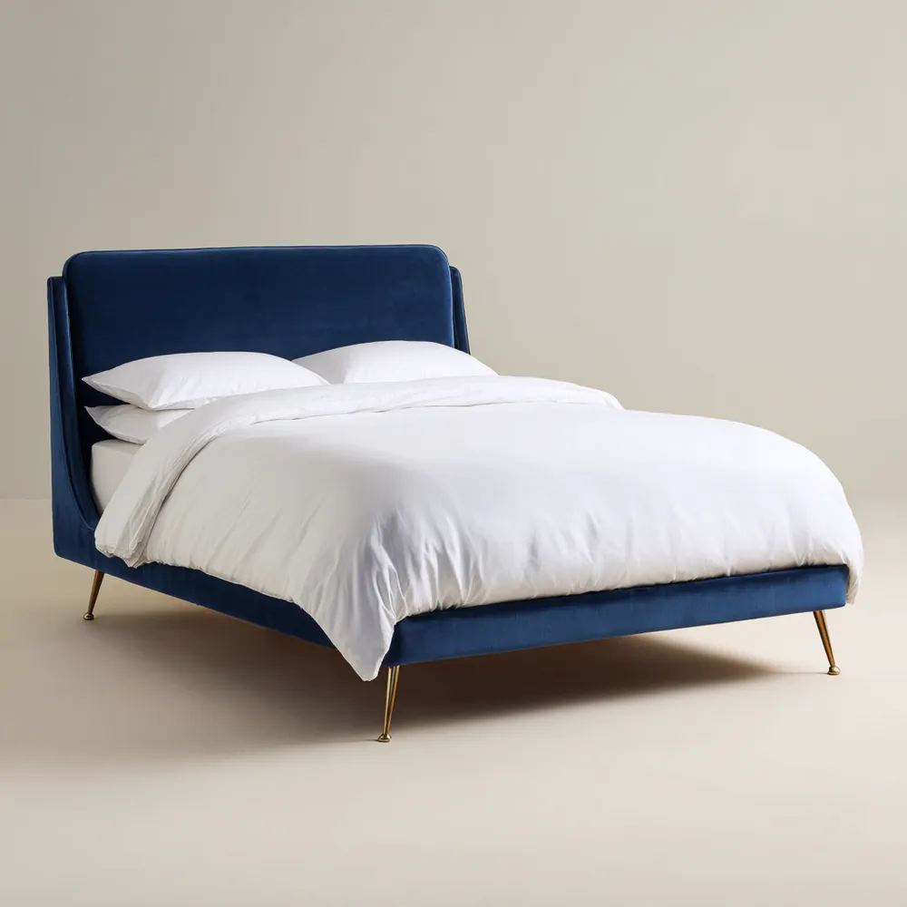 Cama Doble Tapizada en Terciopelo Azul 160x200x100 cm - Estilo Moderno