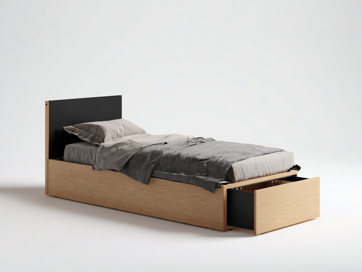 Camas individuales madera 200x90x85 cm color roble-negro apto para dormitorio diseño moderno con cajón-Homiupshop