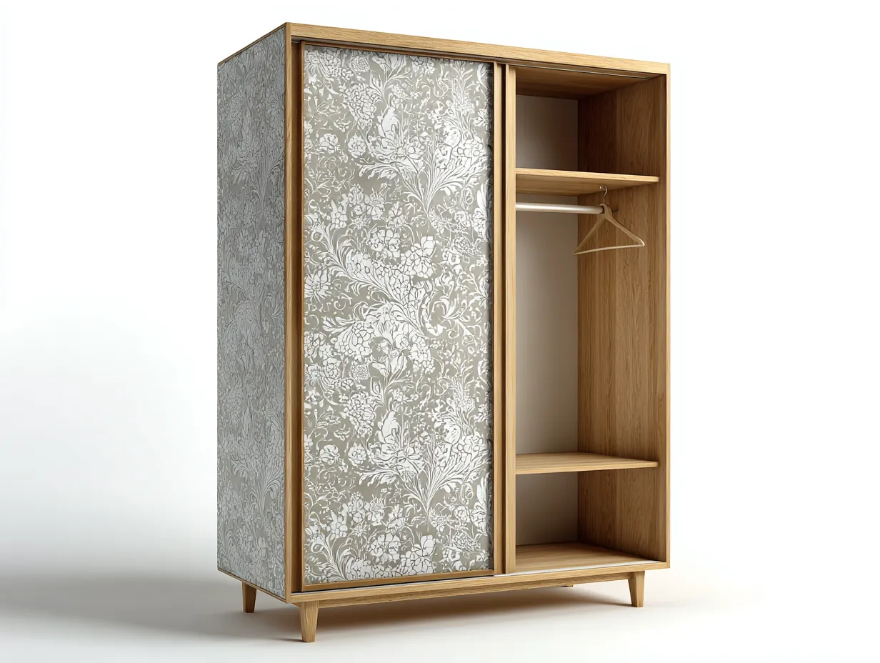 Armarios de madera 100x55x180 cm - marrón claro y blanco - 2 puertas correderas diseño floral - estilo moderno para dormitorio-Homiupshop
