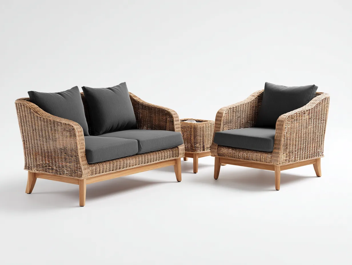 Garten Lounge Set-Rattan-Holz-142 x 78 x 84 cm-Natur-Anthrazit-Moderner Gartenstil-Luxegobase