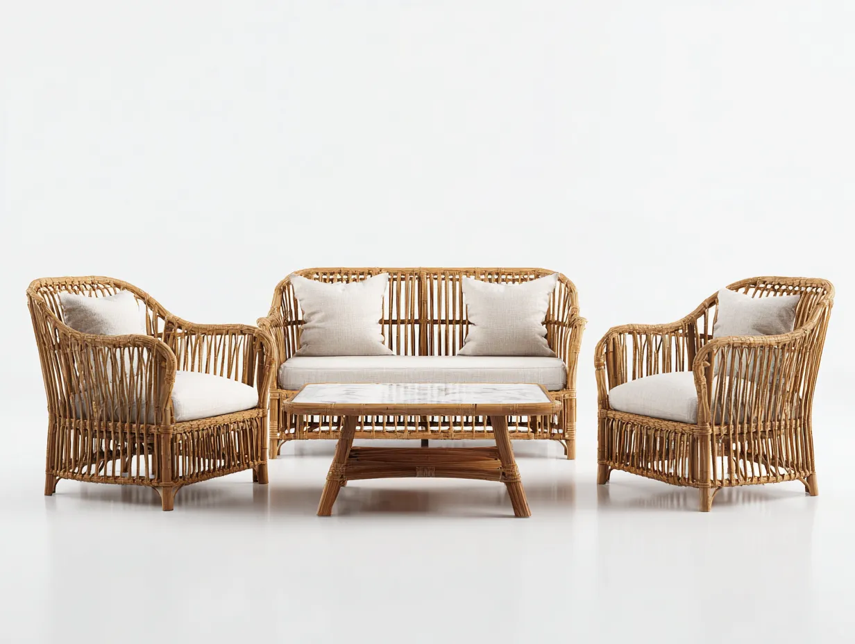 Garten Lounge Set-Rattan-Holz-156 x 78 x 86 cm-Natur-Beige-Boho Gartenstil-Luxegobase