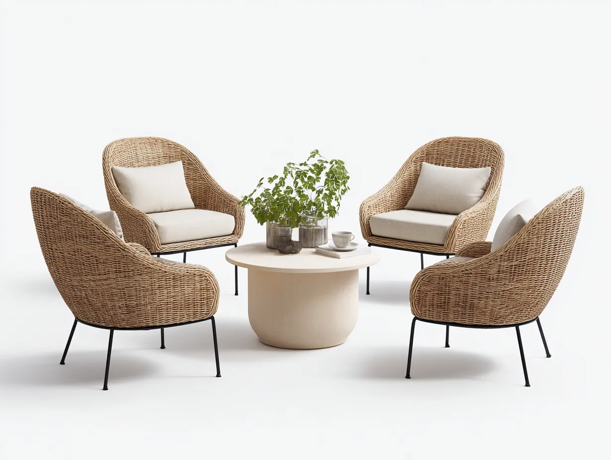 Garten Lounge Set-Rattan-Metall-Holz-86 x 80 x 82 cm-Natur-Beige-Schwarz-Moderner Gartenstil-Luxegobase