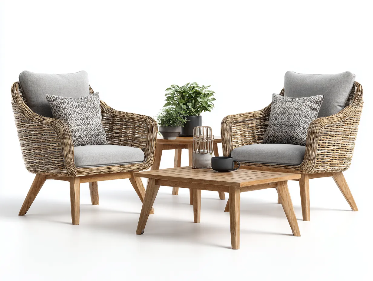 Garten Lounge Set - Rattan-Holz-Stoff - 74 x 54 x 40 cm - Naturbeige-Grau - Skandinavischer Stil-Luxegobase