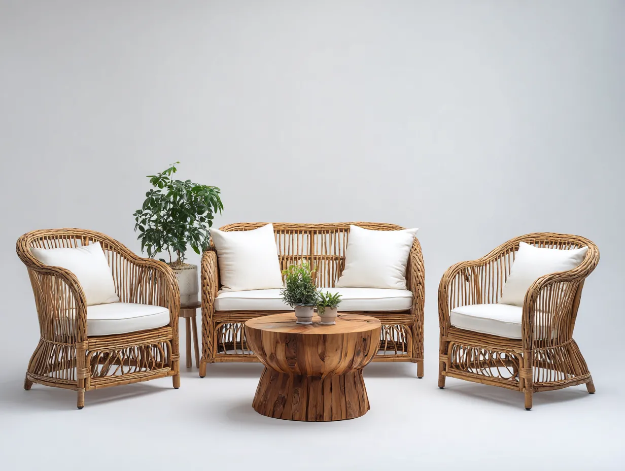 Garten Lounge Set-Rattan-Holz-150 x 75 x 82 cm-Natur-Beige-Braun-Böhmischer Stil-Luxegobase