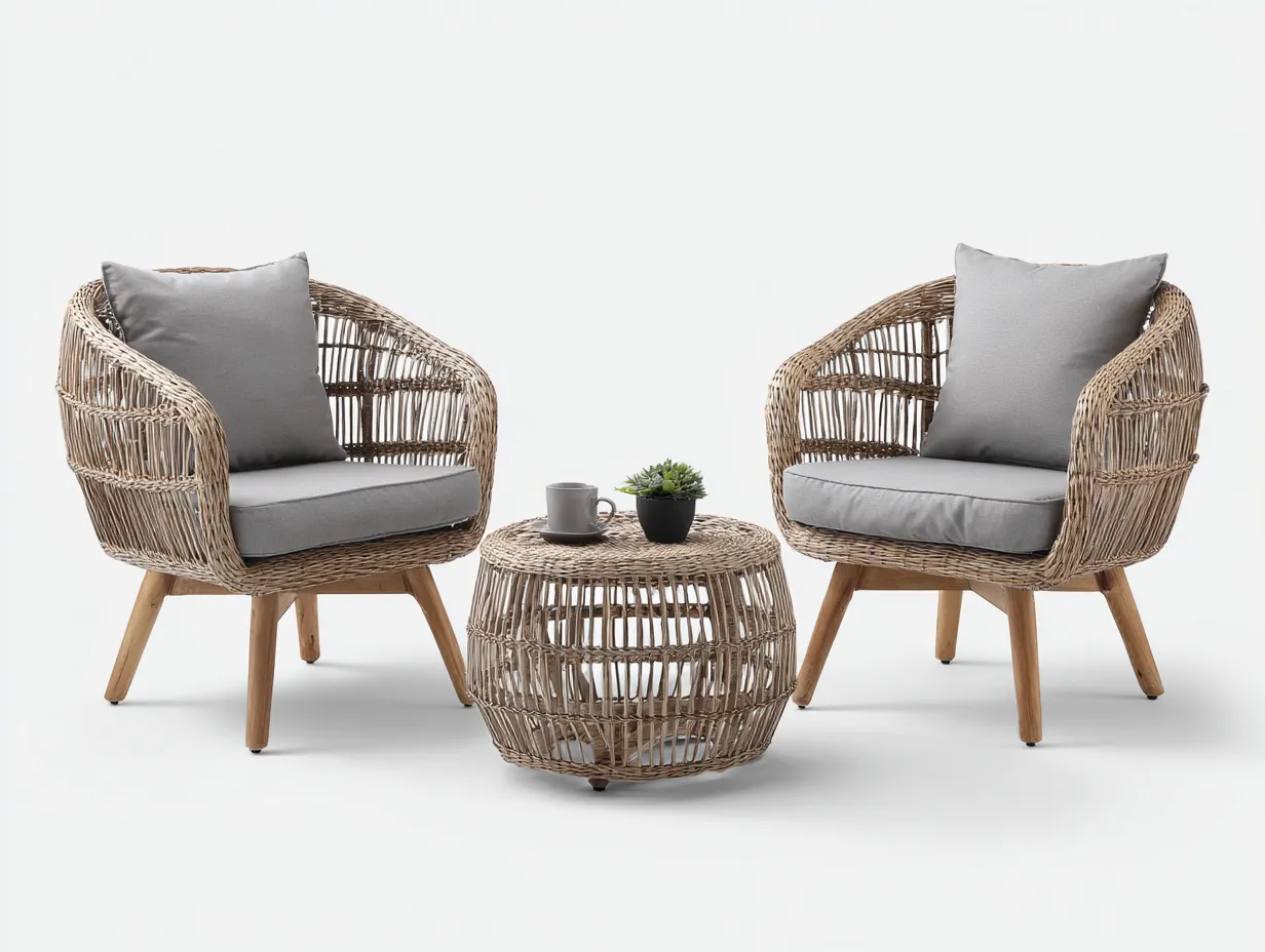 Garten Lounge Set - Rattan-Holz-Stoff - 68 x 68 x 42 cm - Naturbeige-Grau - Skandinavischer Stil-Luxegobase