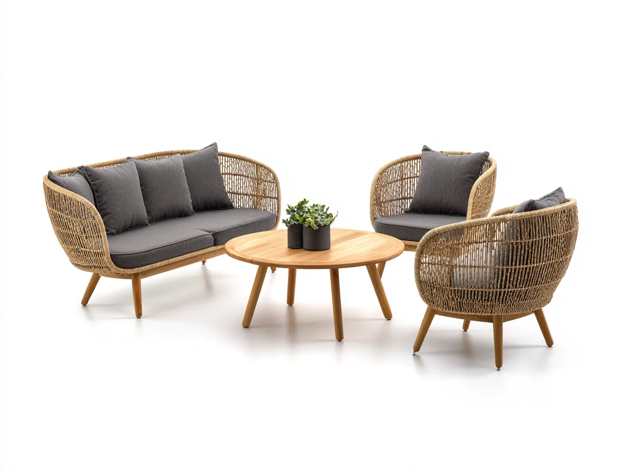 Garten Lounge Set-Rattan-Holz-Stoff-160 x 82 x 86 cm-Natur-Dunkelgrau-Moderner Gartenstil-Luxegobase