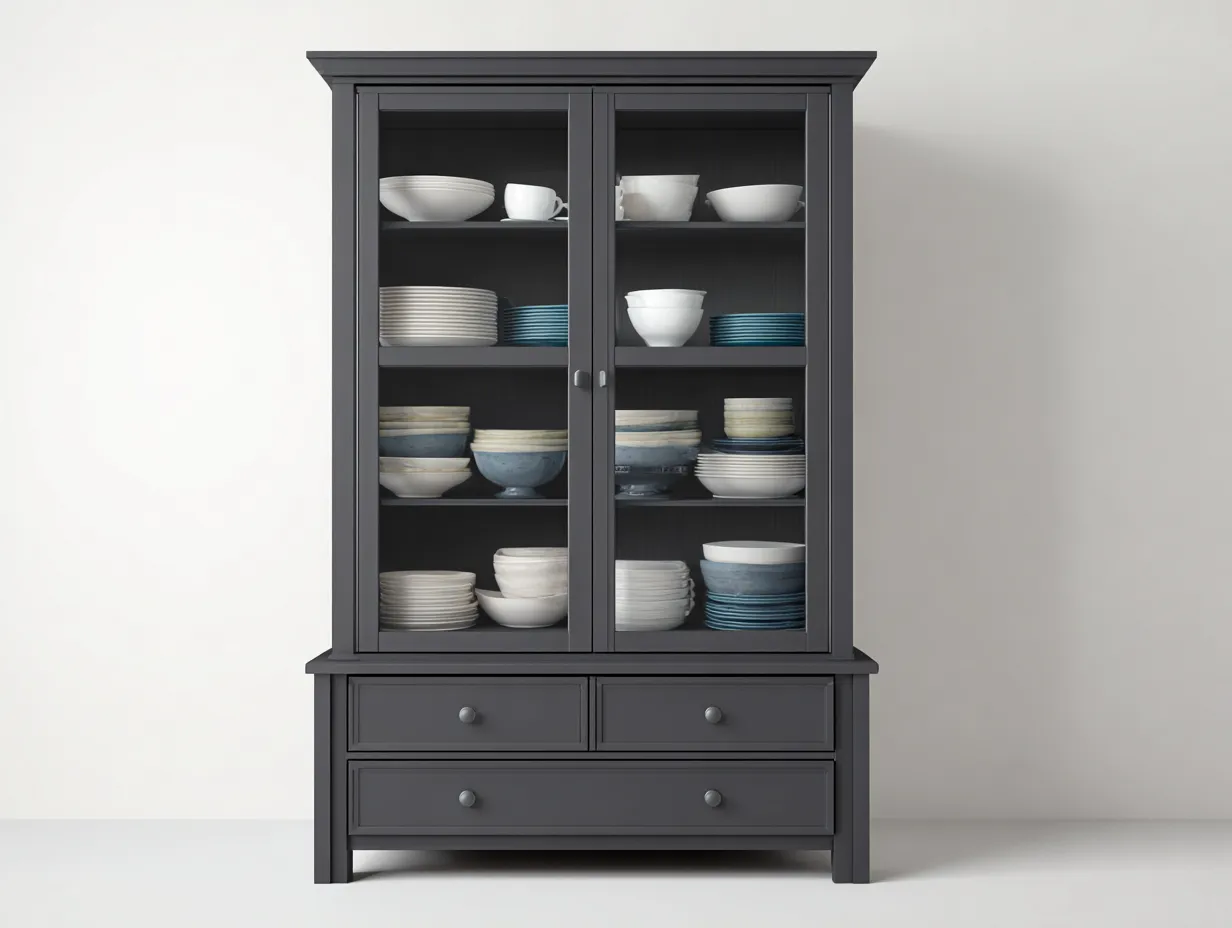 Vitrinen-Holz-Glas-114 x 42 x 196 cm-Dunkelgrau-Klassischer Landhausstil-Luxegobase