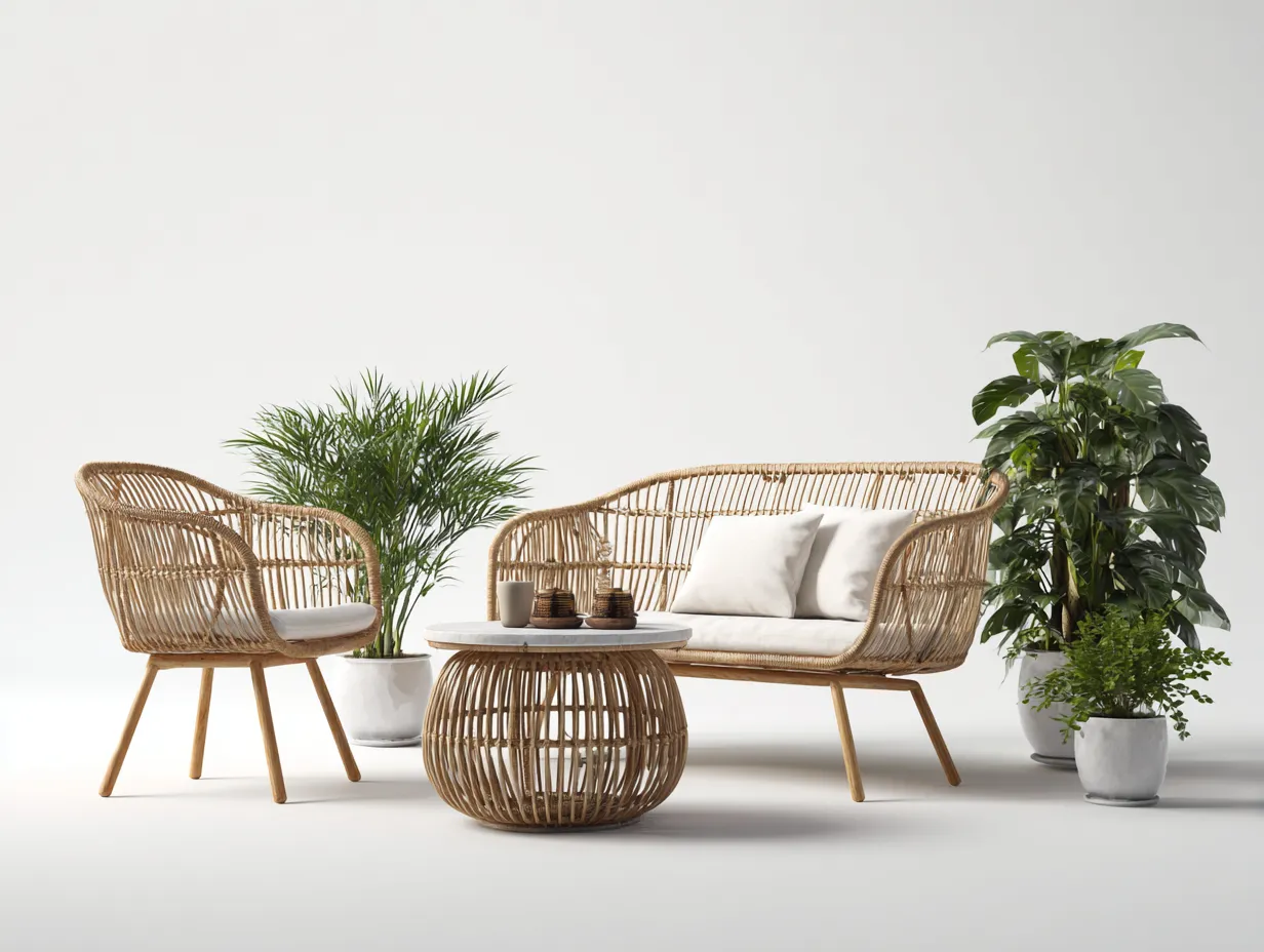Garten Lounge Set-Rattan-Holz-148 x 72 x 84 cm-Natur-Beige-Boho Gartenstil-Luxegobase