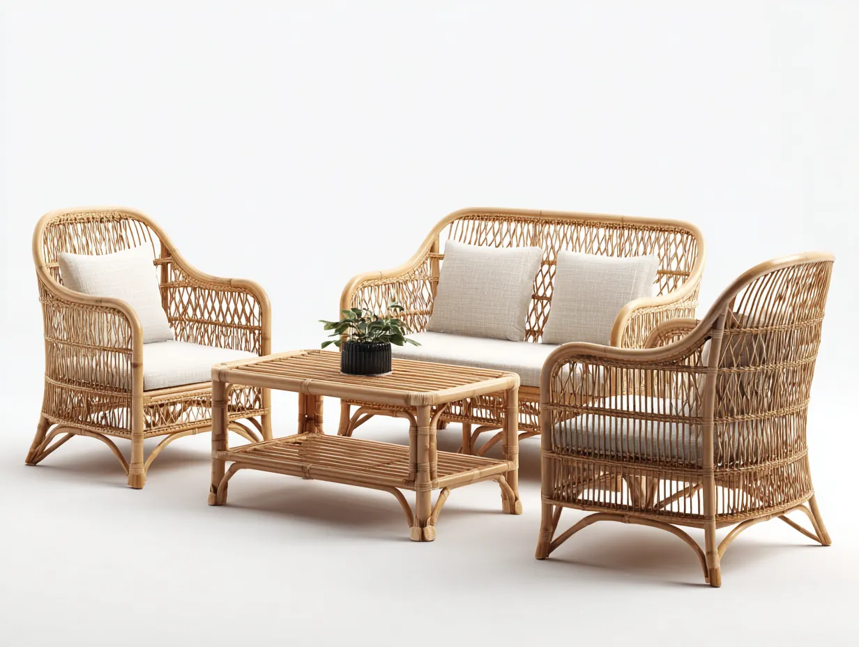Garten Lounge Set-Rattan-Holz-154 x 80 x 86 cm-Natur-Beige-Boho Gartenstil-Luxegobase