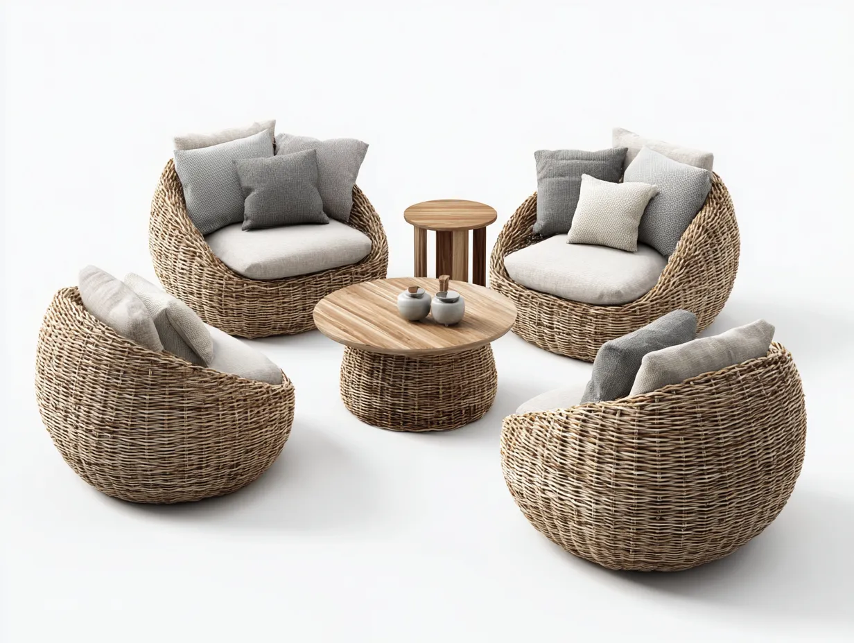 Garten Lounge Set-Rattan-Holz-86 x 80 x 82 cm-Natur-Beige-Boho Gartenstil-Luxegobase